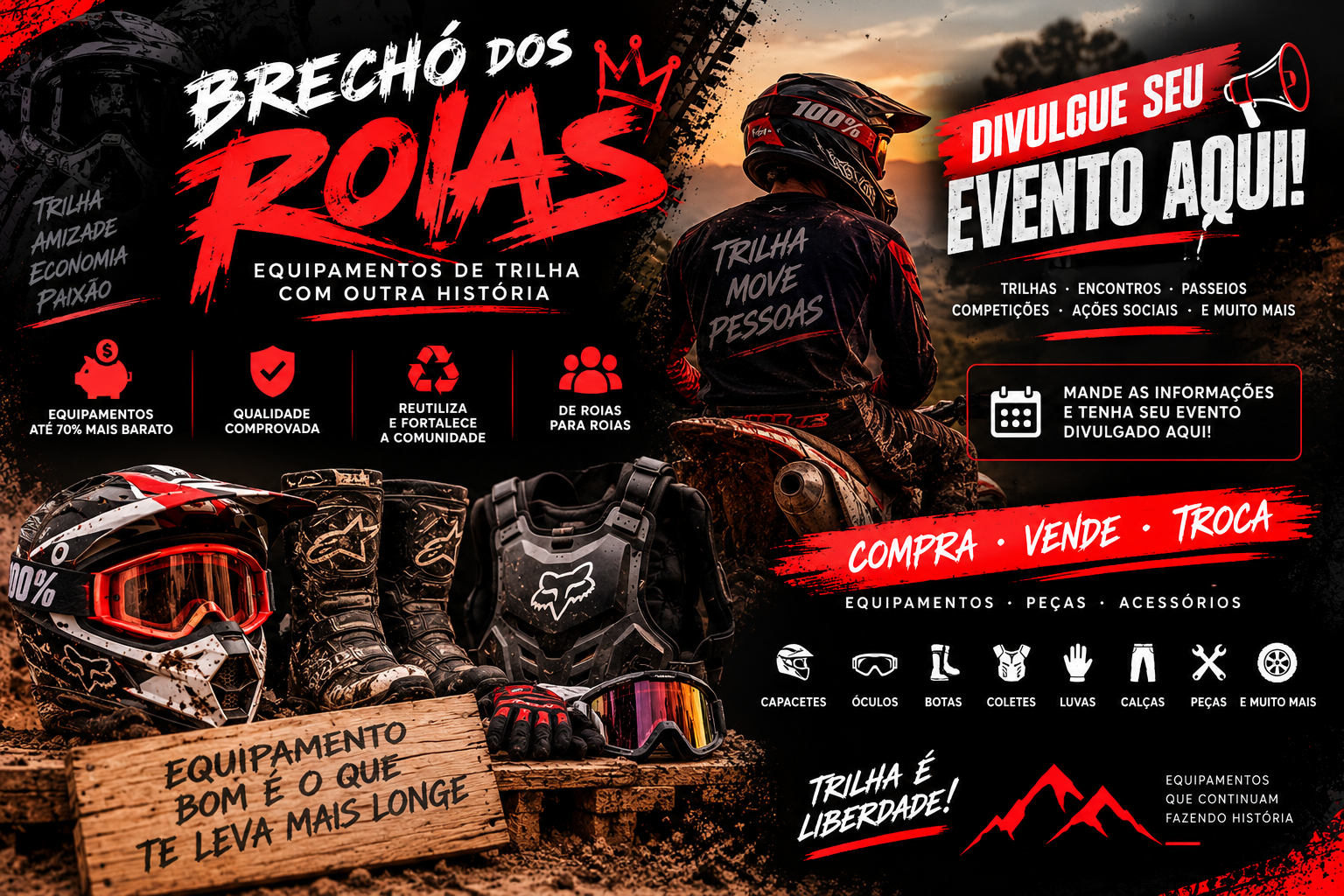Piloto e equipamentos de motocross do Brechó dos Roias